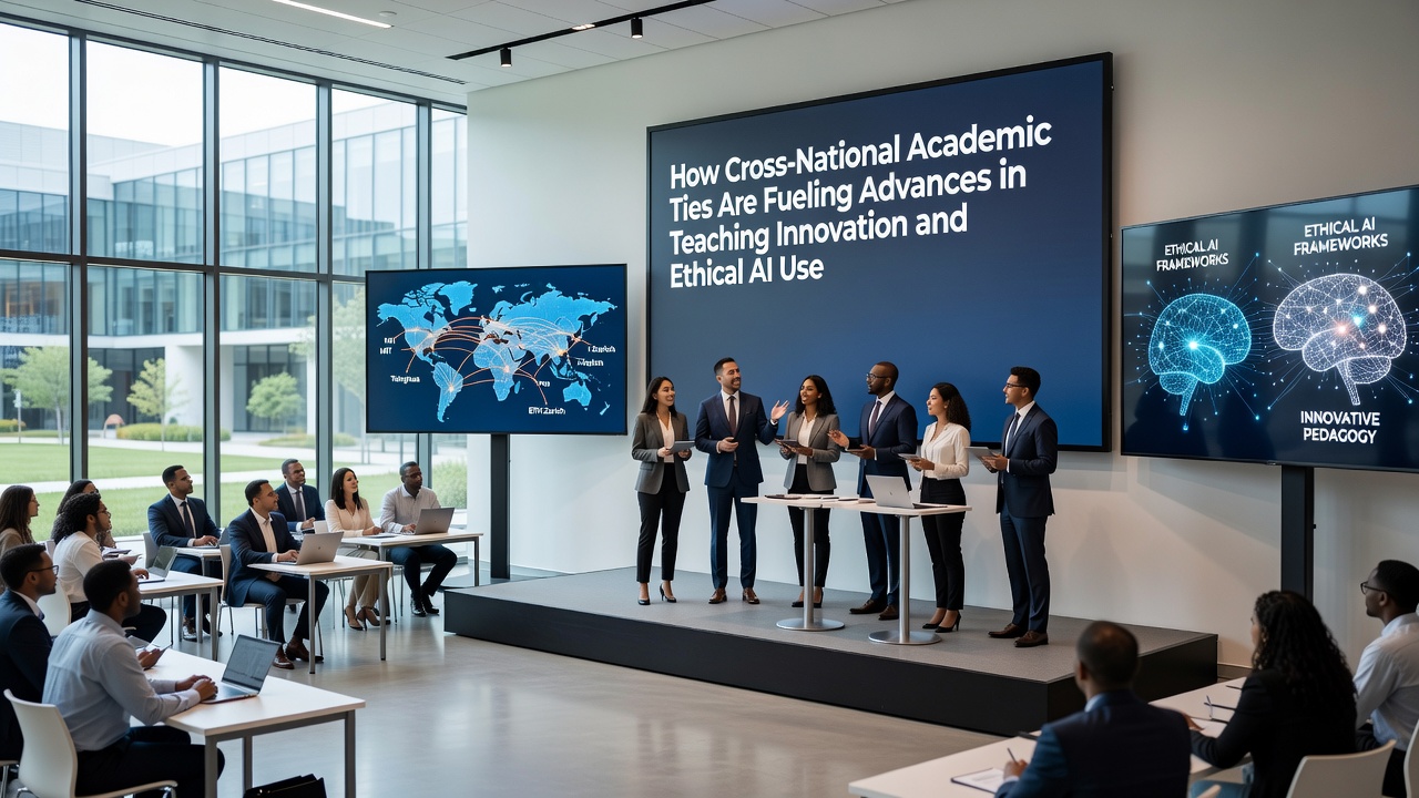 Faculty members reviewing ethical AI guidelines during an international academic exchange
